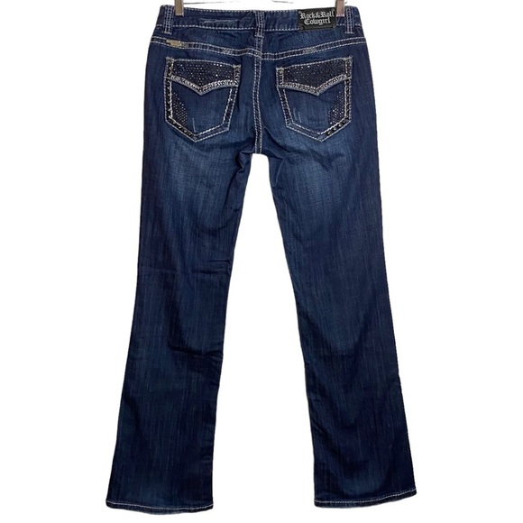 Rock and Roll Cowgirl Low Rise Studded Embellished Dark Blue Boot Cut Jeans 30 - Picture 2 of 16